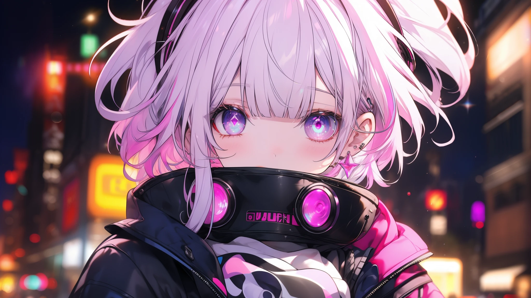 masterpiece.Highest quality.4K.Headphones、サイバーpunk、pink haired、Blue Hair、Goth_punk, One Girl, solo, Medium Shot, Walking around Harajuku, ((at night)), Bokeh Depth of Field, Neon Light, Rainbow Eyes, Starry Sky, 白くShiny Hair, White eyebrows, Shiny Hair, (Iridescent white hair), Earrings, Bans, gem, mask, Blunt bangs, Veld&#39;s Eye, 口mask, Blurred背景, Blurred, hair ornaments, Look at the viewers, short hair, Portraiture, Side Lock