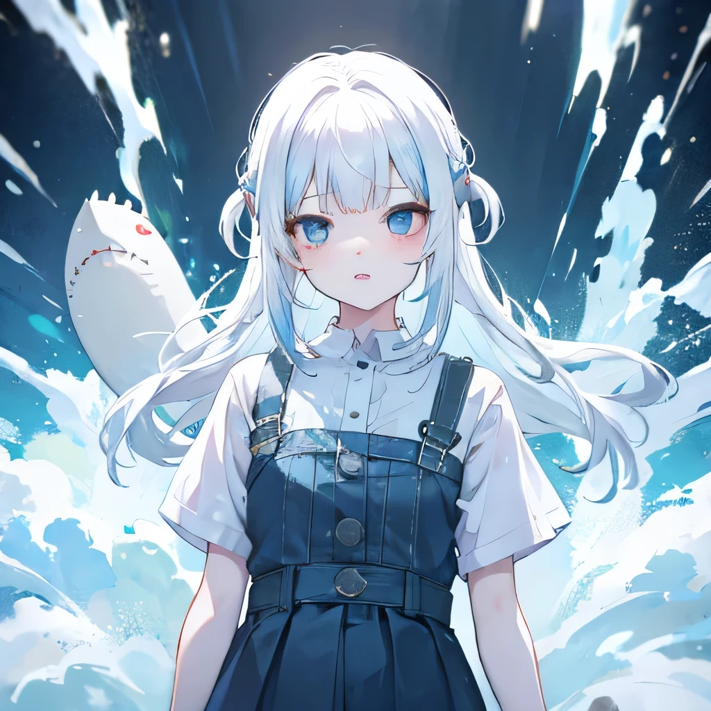 Girl, light blue and white hair, pale, lips, white soaked shirt, straight hair, bangs, light white eyes, confident, sharp teeth, shark