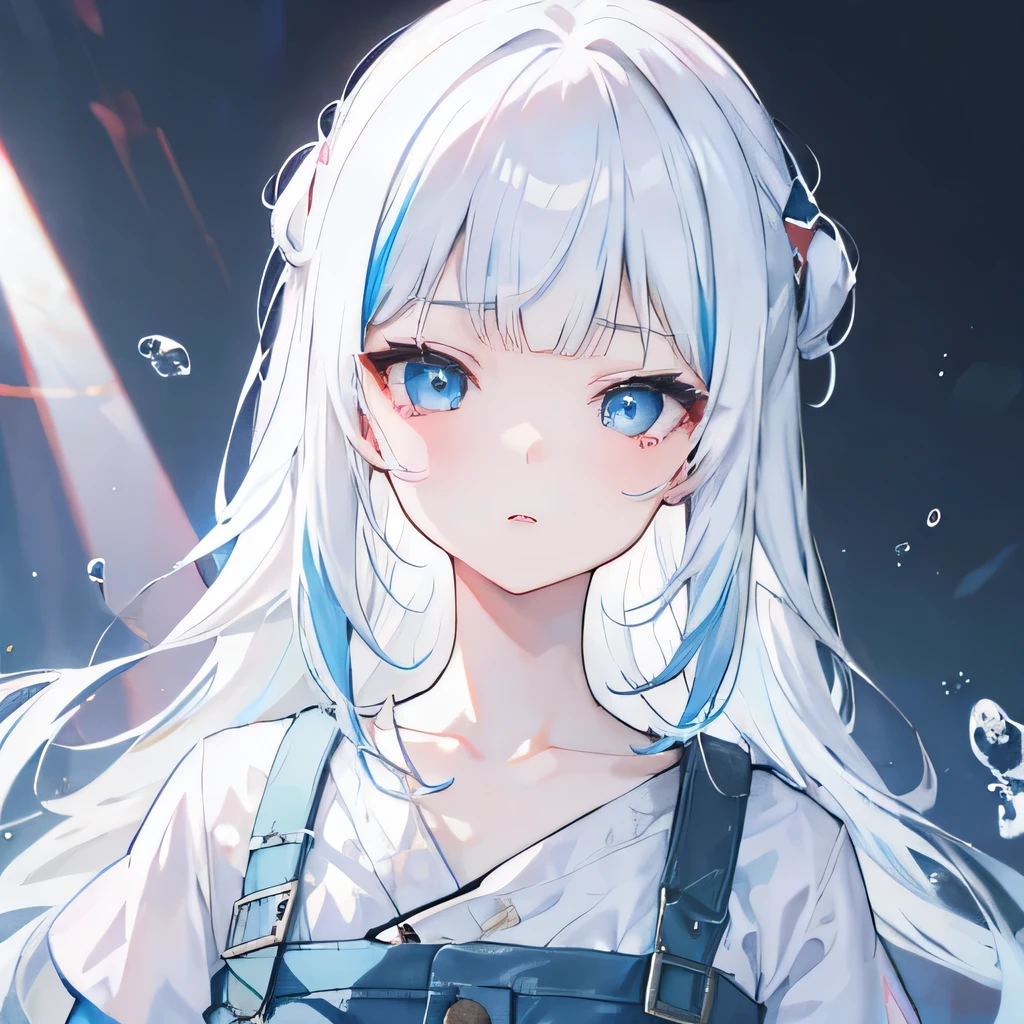 Girl, light blue and white hair, pale, lips, white soaked shirt, straight hair, bangs, light white eyes, confident, sharp teeth, shark