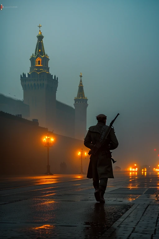 Best quality, cinematic lighting, 8K, crazy details, fog of war, war, The Moscow Kremlin, The Kremlin is on fire, gray haze, trenches