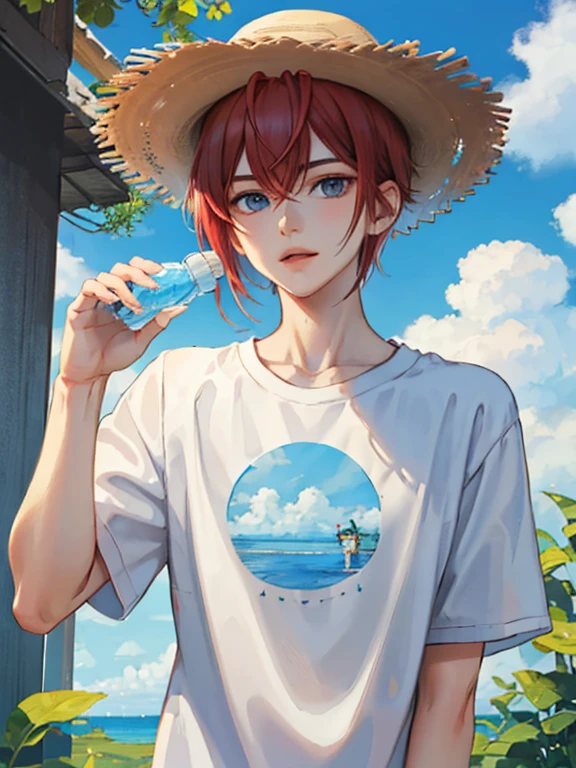 1boy,red hair,blue eyes,white shirt,short sleeve,straw hat,male focus,looking at viewer,holding ramune bottle,trees,blue skies,cloud,sun in the skies,summer,(((masterpiece))),(((best quality))