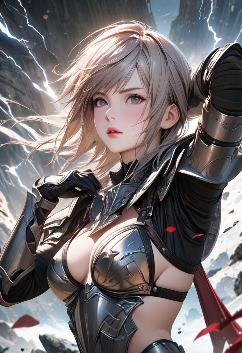 (masterpiece),(best quality:1.0), (ultra highres:1.0), detailed illustration, 8k, anime, 1girl, pretty pose, pretty face, detailed face, beautiful eyes, best quality,ultra-detailed,realistic,Final Fantasy 13 character (Lightning Farron) in (metal bikini armor), FULL BODY VIEW