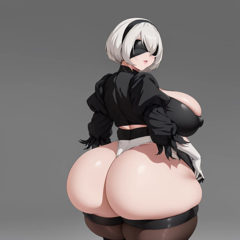 masterpiece, best_quality, 1girl, solo, yorha no. 2 type b, black blindfold, high heels, black skirt, wide hips, thick thighs, huge ass, enormous huge breasts, cleavage, milf, bbw, shortstack