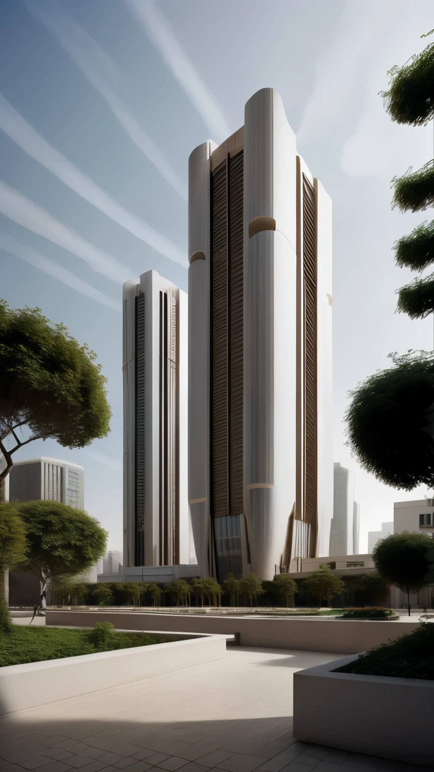 A high-rise building in a futuristic city designed by Zaha Hadid, Futuristic building, Modern building, Sidewalks around the building, idea, A fusion of the future and the past, Hanging Gardens, the Hanging Gardens of Babylon, Sustainability, The future's technology, Very tall building, Architectural creativity, New culture, Self-sufficiency, Golden Ratio, Beautiful building in the middle of the photo, Blur background, One building, Spread, Natural colors, calm colors, Masterpiece, art, Better accuracy