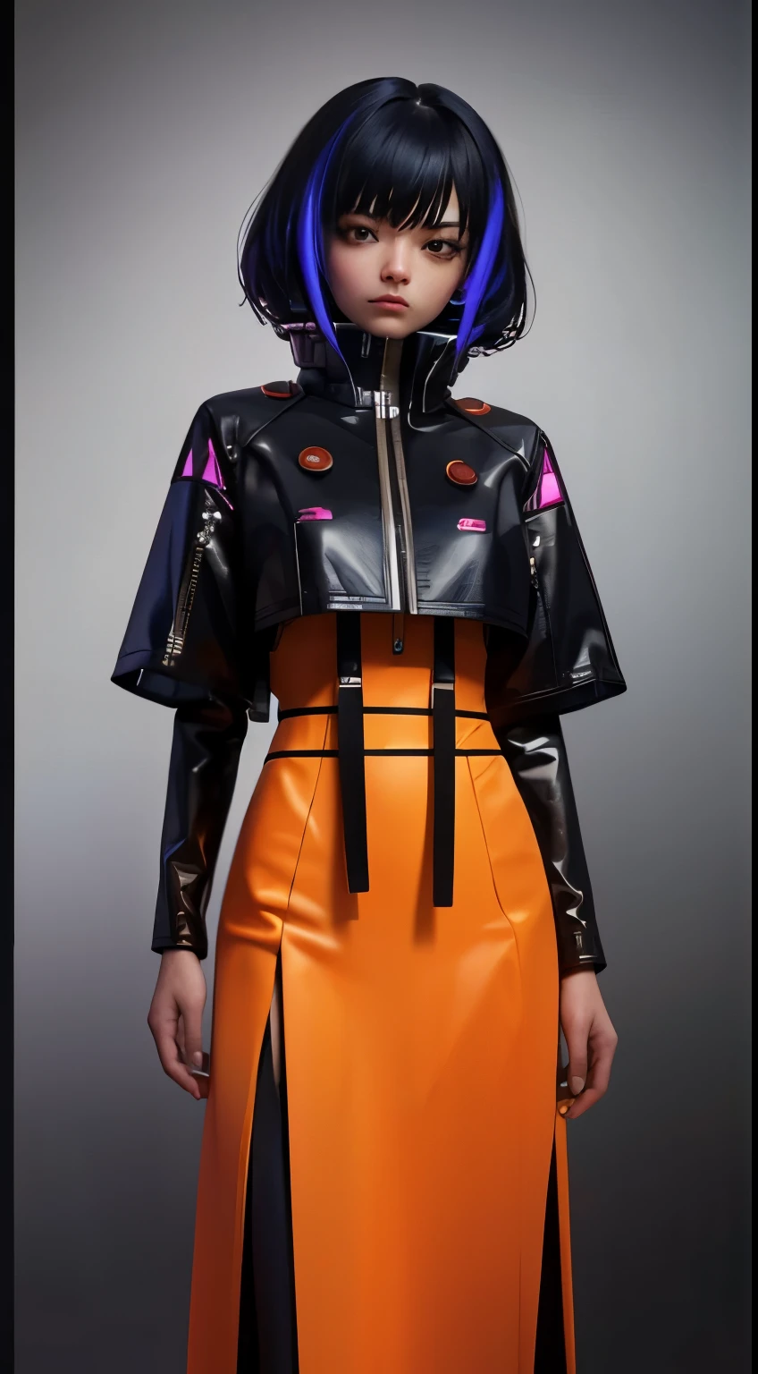 Extraordinary wide portrait of microscopic unknown adult  cyberpunk alien species over orange tech style of high tech fashion professional photography, 8k, 