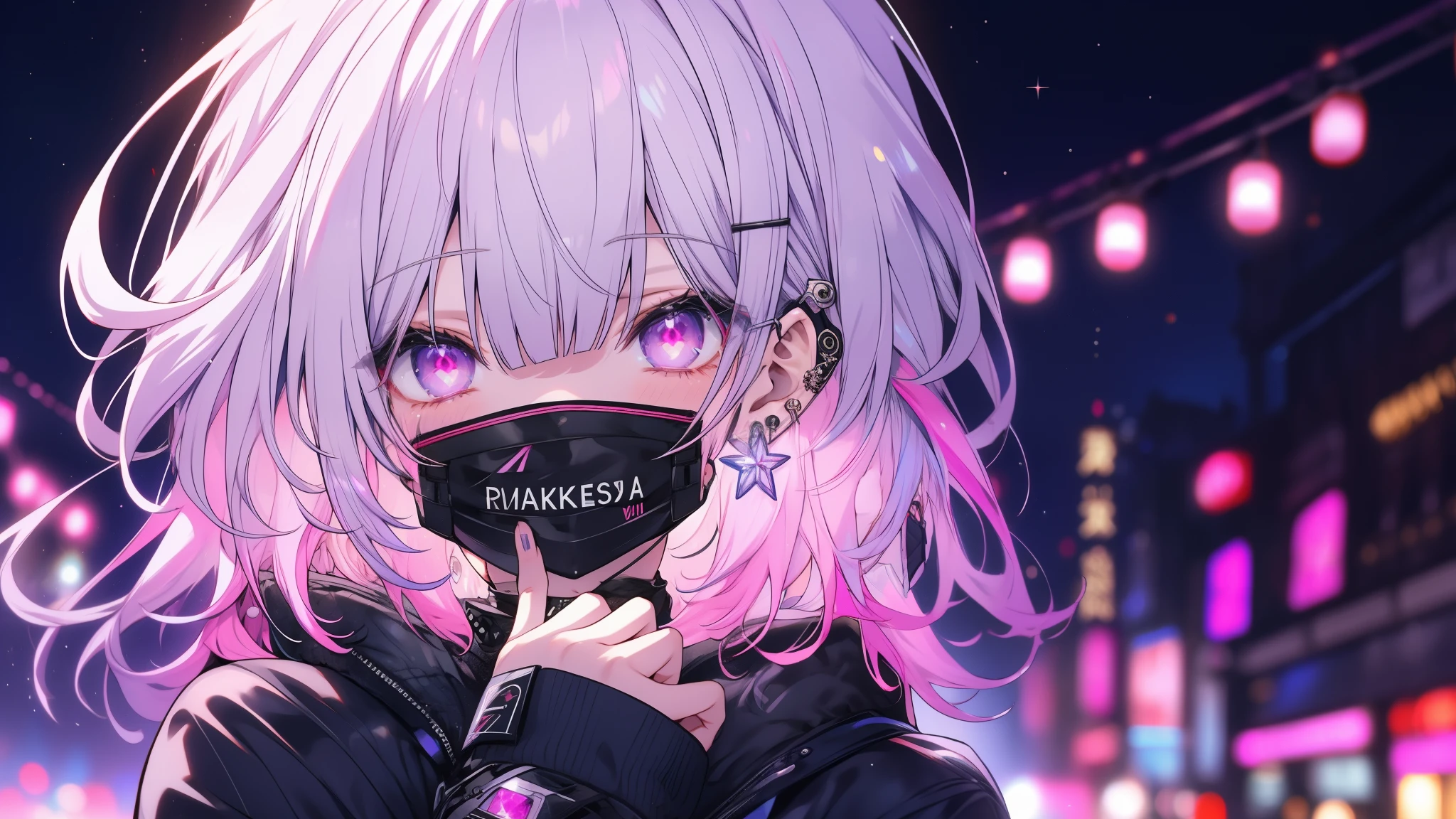 masterpiece.Highest quality.4K.Headphones、サイバーpunkシティ、黒い口mask、pink haired、Blue Hair、Goth_punk, One Girl, solo, Medium Shot, Walking around Harajuku, ((at night)), Bokeh Depth of Field, Neon Light, Rainbow Eyes, Starry Sky, 白くShiny Hair, White eyebrows, Shiny Hair, (Iridescent white hair), Earrings, Bans, gem, mask, Blunt bangs, Veld's Eye, 口mask, Blurred背景, Blurred, hair ornaments, Look at the viewers, short hair, Portraiture, Side Lock、Close-up face