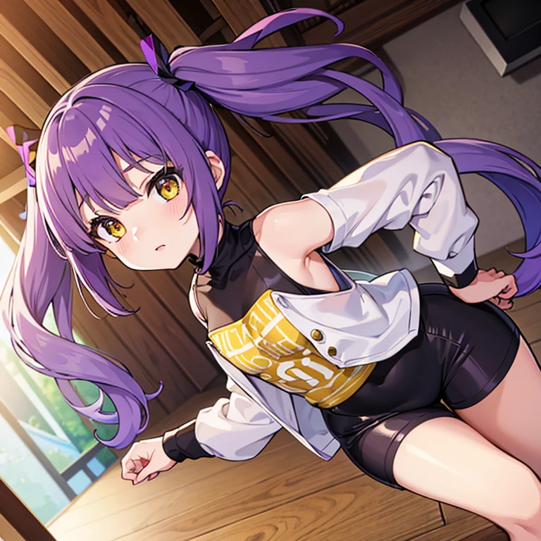 best quality,4k,8k,highres,masterpiece:1.2,1girl,shinomiya runa,purple hair, yellow eyes, small, short hair, half pigtails