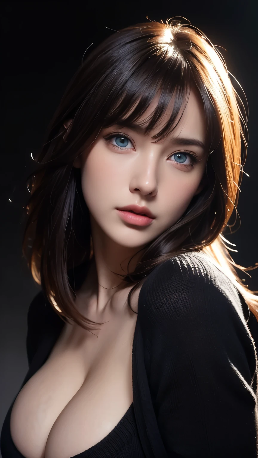 masterpiece, best quality, ultra-detailed, intricately detailed hyperdetailed, realistic, sharp features, highly detailed, sharp focus, perfect face, perfect face, perfect symmetrically perfect eyes, perfect full lips, flexible female form, cinematic, film light, hyper detailed, hyper realistic, high resolution, vibrant, dynamic studio lighting, nsfw, ((Dark background)), Sexy face, Facial expressions when receiving pleasure, straight Bangs, Big breasts, Exposed cleavage, blue Eyes,black sweater, cowboy shot,