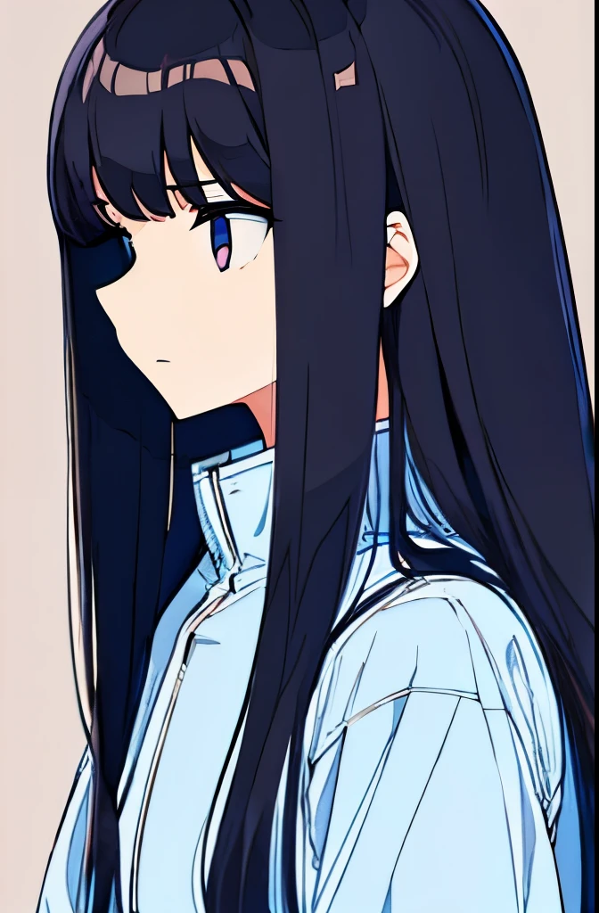 1 girl with straight hair and bangs, and a cold and serious expression, and looking away, with a lock of hair on her face.