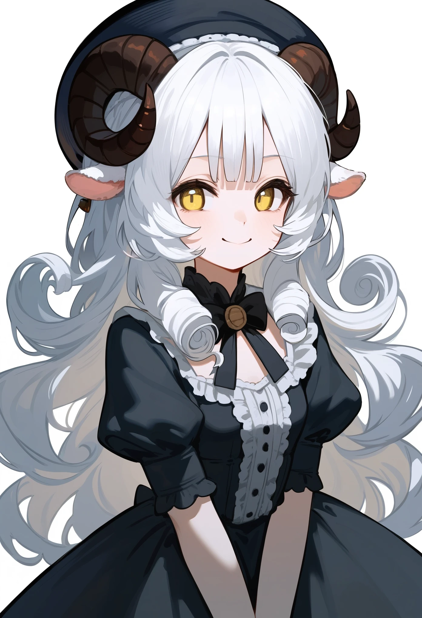 (score_9, score_8_up, score_7_up), 1girl, solo, (sheep horns, curled horns, black horns:1.2), (black sheep ears), white hair, long hair, hime cut, long bangs, pale skin, yellow eyes, evil smile, smug, small breasts, standing, ta fashion, (black dress, old fashioned), (beret hat), (white background, simple background), arms between legs, upper body, masterpiece, best quality
