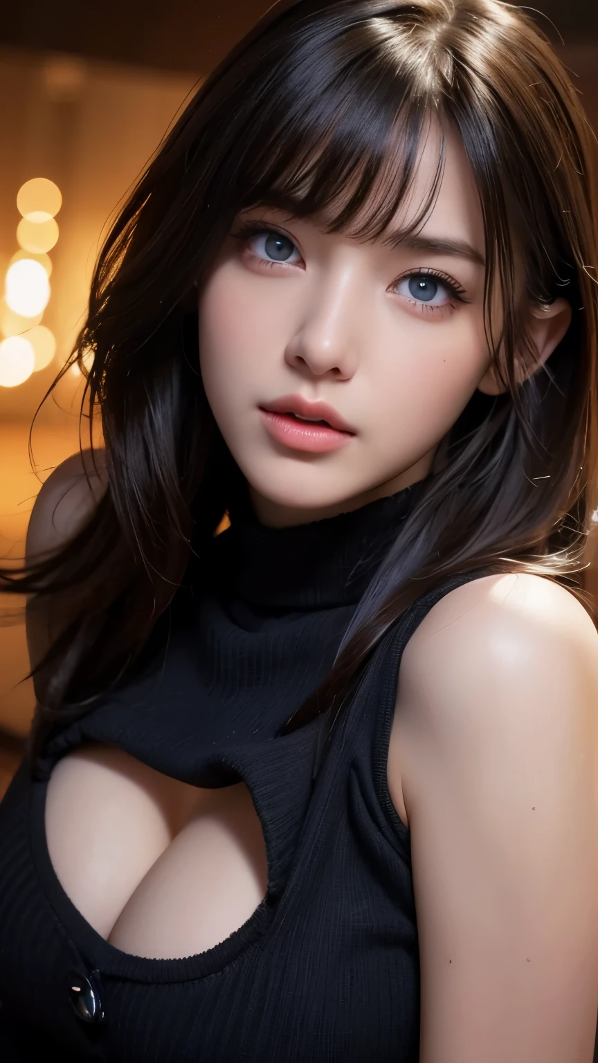 masterpiece, best quality, ultra-detailed, intricately detailed hyperdetailed, realistic, sharp features, highly detailed, sharp focus, perfect face, perfect face, perfect symmetrically perfect eyes, perfect full lips, flexible female form, cinematic, film light, hyper detailed, hyper realistic, high resolution, vibrant, dynamic studio lighting, nsfw, ((Dark background)), Sexy face, Facial expressions when receiving pleasure, straight Bangs, Big breasts, Exposed cleavage, blue Eyes,black sweater, cowboy shot,