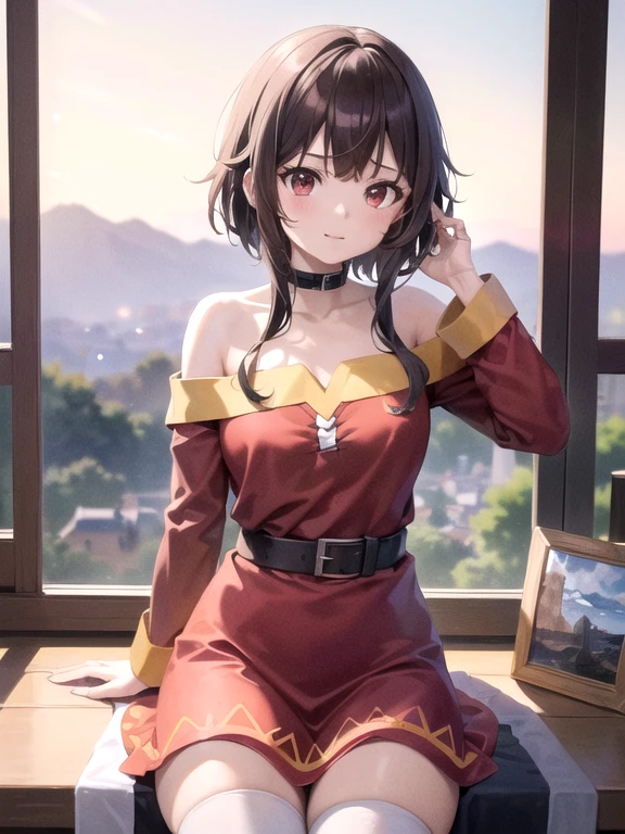 (Obra maestra:1.3), (intrincado:1), mejor calidad, arte oficial, fondo de pantalla 8k, Muy detallado, illustration, cinematic light, En el lado, Megumin,El estilo de Megumin., capa, tiene, 1 chica, (Vista de cuerpo completo:1.2), sentado en el suelo