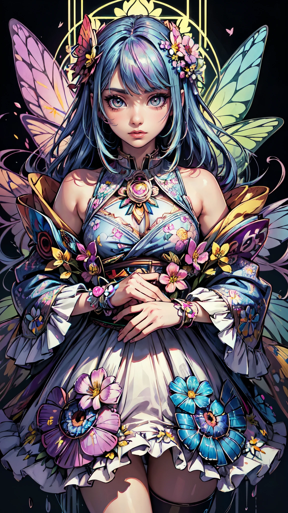 (masterpiece:1.1), (highest quality:1.1), (HDR:1.0), ambient light, ultra-high quality,( ultra detailed original illustration), (1girl, upper body), ((harajuku fashion)), ((flowers with human eyes, flower eyes)), double exposure, fusion of fluid abstract art, glitch, (original illustration composition), (fusion of limited color, maximalism artstyle, geometric artstyle, butterflies, junk art)(masterpiece:1.1), (highest quality:1.1), (HDR:1.0), ambient light, ultra-high quality,( ultra detailed original illustration), (1girl, upper body), ((harajuku fashion)), ((flowers with human eyes, flower eyes)), double exposure, fusion of fluid abstract art, glitch, (original illustration composition), (fusion of limited color, maximalism artstyle, geometric artstyle, butterflies, junk art), detailed face, detailed eyes, detailed hands, full body