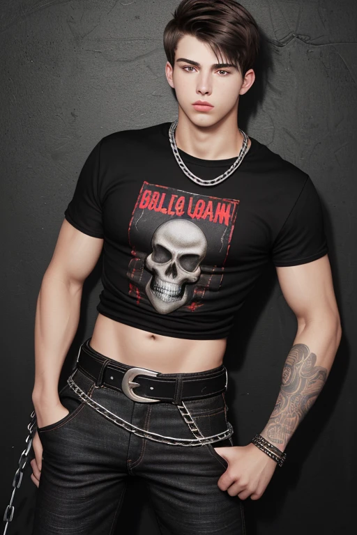 20-year-old boy, brown hair, layered cut, black locks, black eyes, red shirt with skull print, slim athletic muscular build, black jean pants with chains, black leather belt, silver buckle, background of New Orleans at night