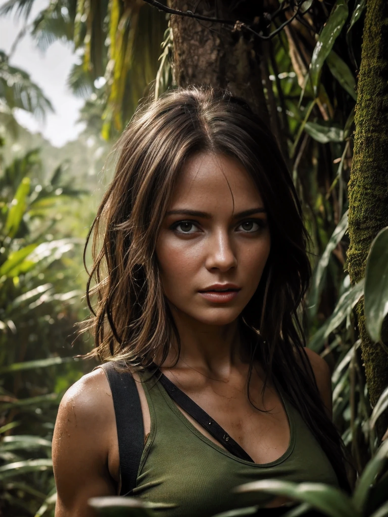 russian Actress Оксана Акиньшина (25 yo) at Lara Croft role ,skinny ,young girl, dirty shaggy hair, square haircut ,jungle,fight,Bad weather,action, adventures, action movie,foterealistic style,4K render,dirt clothes, HDR,imperfect sweaty skin, dirty clothes, Realistic lighting,High detail of face and skin,