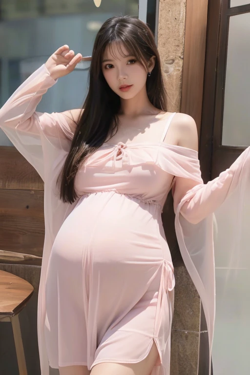 A pregnant woman,pregnant,The belly is very big, pregnant,Pretty Face,slim body,long hair,Wearing an off-shoulder pink transparent dress。