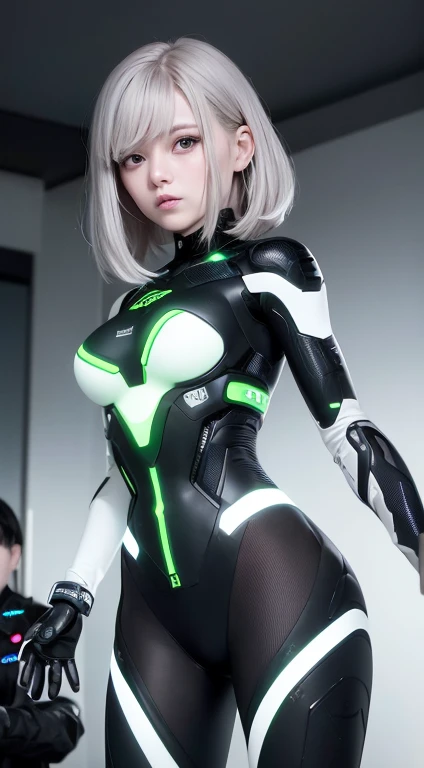 Uma jovem confiante, avec des cheveux brun olive et des yeux vert vif, senta-se em uma cadeira de estilo futurista, with a black and white cybernetic suit that glows with interchangeable lights on his chest and arms. The suit is decorated with metal plates and flexible tubes that glow with a bluish light., give the impression that you are connected to advanced artificial intelligence. The woman has a determined expression on her face, on an MOT installation, as if he were piloting an advanced spacecraft. The background of the image is a dark starry sky, with floating clouds and interchangeable lights that glow in cyberpunk style