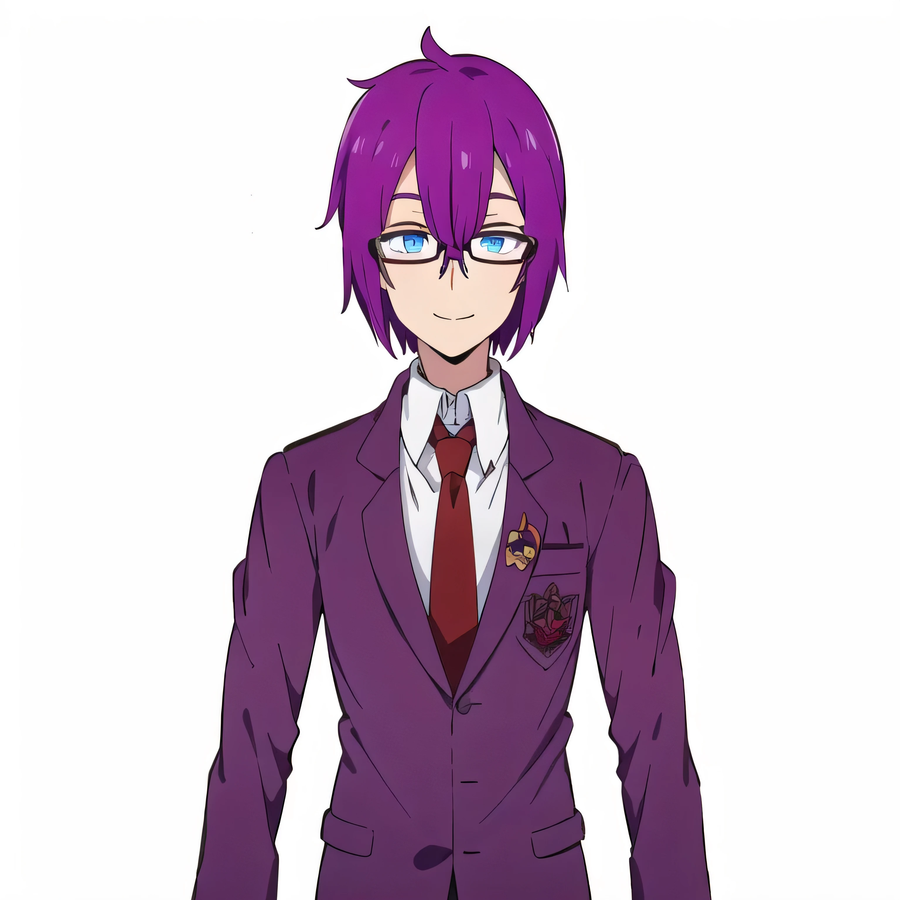 young man with a toned physique. He has deep skin color and clear blue eyes like the blue sky and chin-length purple hair, He wears a  - a jacket and trousers that have the pigmentation of his hair., white shirt, black shoes and red tie, he also wears glasses with black frames, smiling, Nice smile