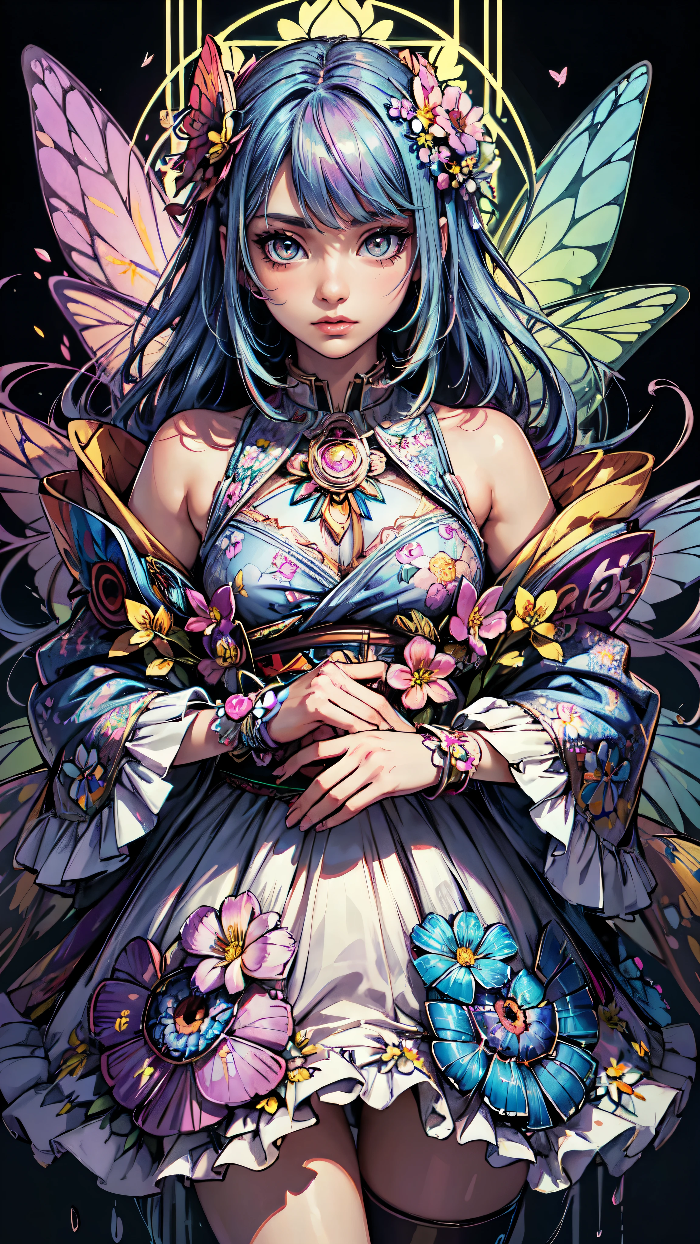 (masterpiece:1.1), (highest quality:1.1), (HDR:1.0), ambient light, ultra-high quality,( ultra detailed original illustration), (1girl, upper body), ((harajuku fashion)), ((flowers with human eyes, flower eyes)), double exposure, fusion of fluid abstract art, glitch, (original illustration composition), (fusion of limited color, maximalism artstyle, geometric artstyle, butterflies, junk art)(masterpiece:1.1), (highest quality:1.1), (HDR:1.0), ambient light, ultra-high quality,( ultra detailed original illustration), (1girl, upper body), ((harajuku fashion)), ((flowers with human eyes, flower eyes)), double exposure, fusion of fluid abstract art, glitch, (original illustration composition), (fusion of limited color, maximalism artstyle, geometric artstyle, butterflies, junk art), detailed face, detailed eyes, detailed hands, full body