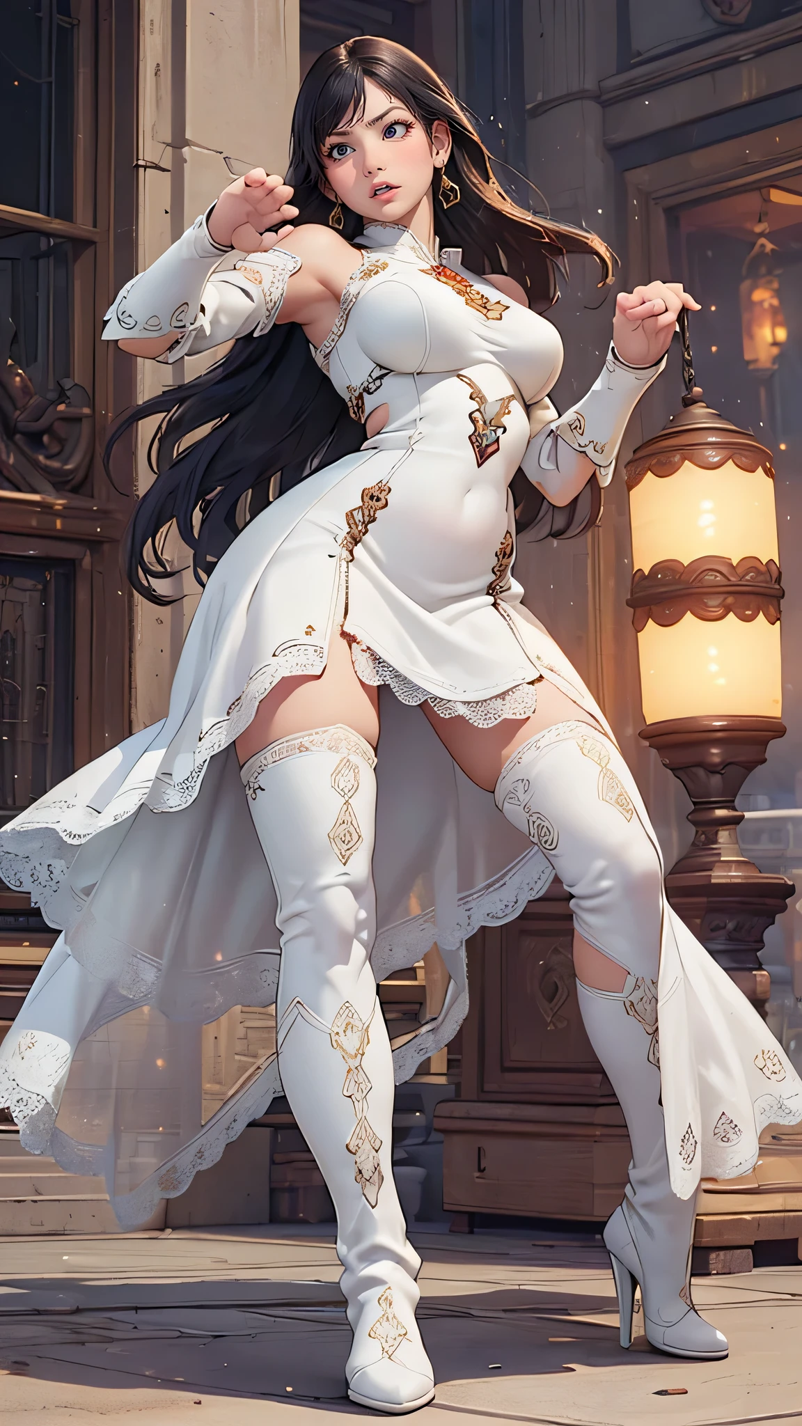 (random fighting pose:1.5),(Cinematic scene,Fantasy Art,Highest image quality,(8K),Ultra-realistic,Best Quality,High quality,High Definition,high quality texture,high detailing,Beautiful detailed,fine detailed,extremely details CG,Detailed texture,realistic representation of face,masterpiece,presence,Dynamic,Bold),1gir,Ultra detailed skin,Curve,,Beautiful breasts,Large breasts,pale skin,pointed breast,Erect nipples,(Thin hair),(Soft hair),(Ultra straight hair),Swept long bangs,Extra bright coppery amber hair,Hair over one eye,(leather boots,(asymmetrical mecha armor),(long embroidered white lace dress,see through:1.2))