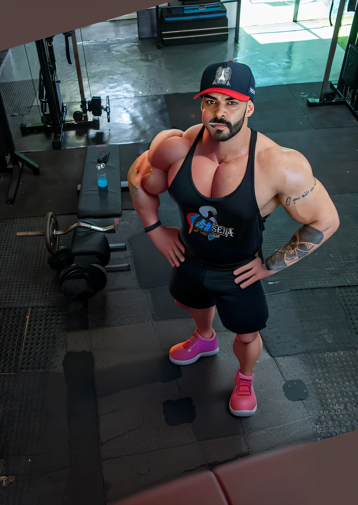 Disney Cartoon a very strong man with muscles and extremely muscular takes the camera seriously, illuminated by neon lights, en un gimnasio de entrenamiento con pesas con pesas repartidas por el suelo.