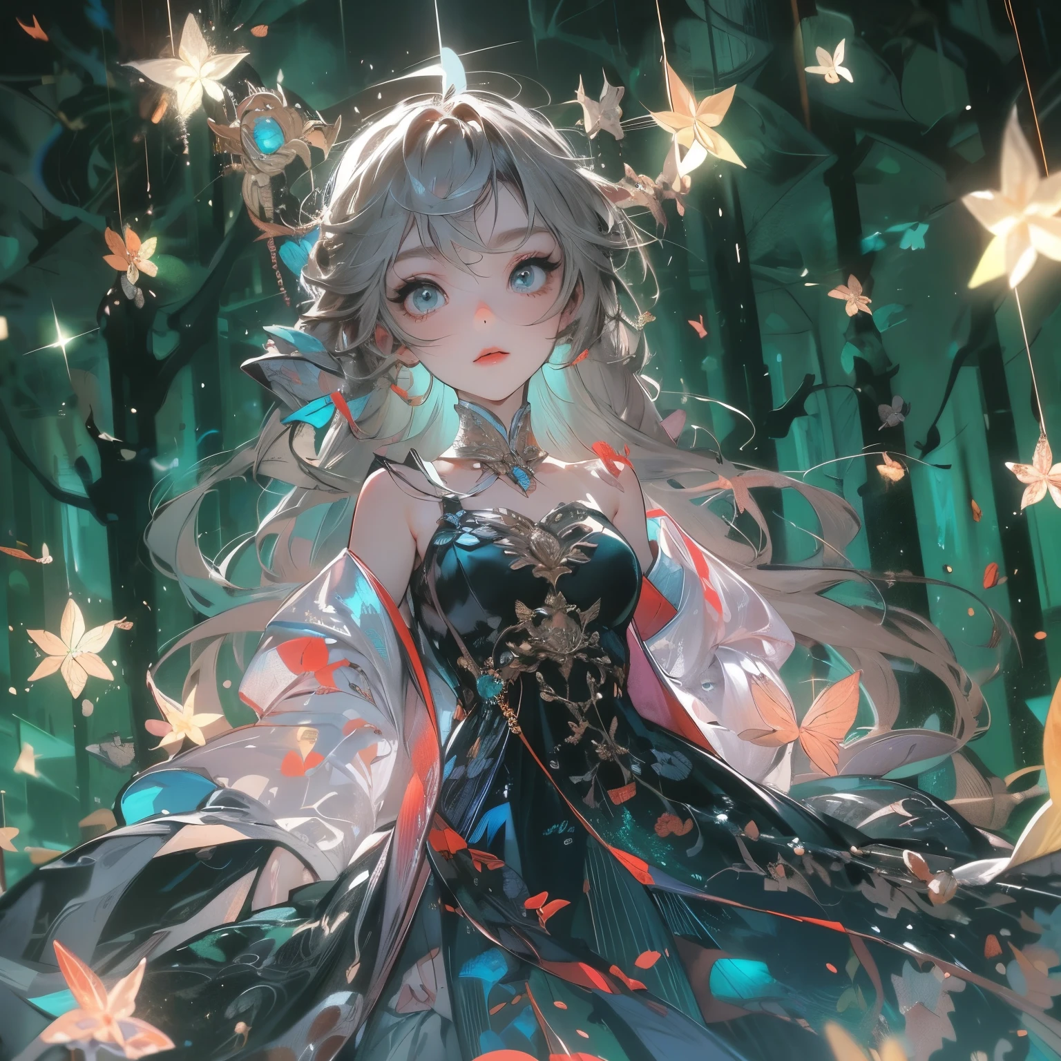 Masterpiece, best quality, super high resolution, fluorescent color,1 girl, looking at the audience, beautiful face, beautiful eyes, (bare shoulder: 1.2), head up, upper body, forest, shiny hair, shiny skin, glowing cut, chibi, hands not shown: 1.5, black starlight dress, particles