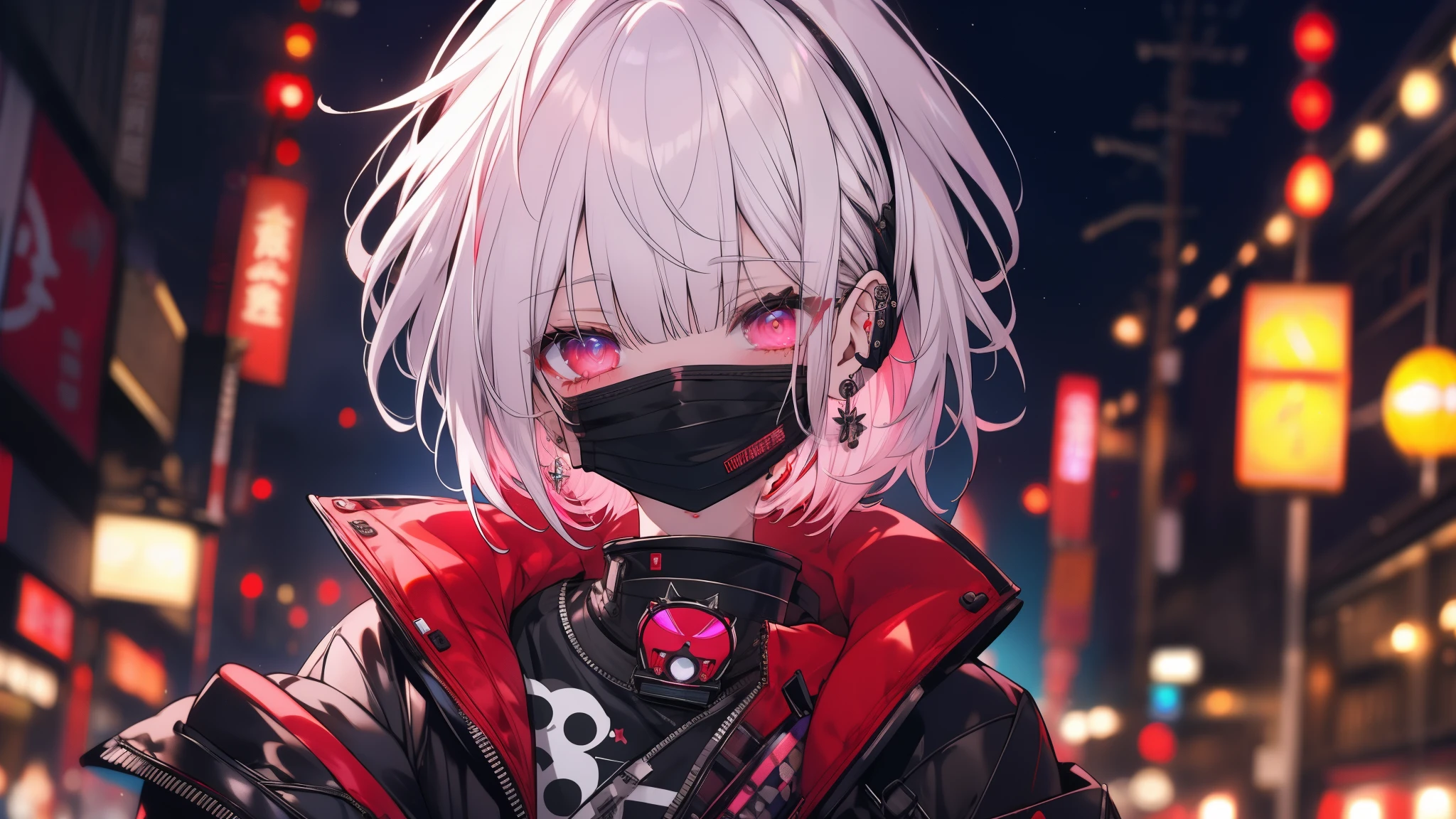 masterpiece.Highest quality.4K.、Headphones、サイバーpunkシティ、黒い口mask、Silver Hair、Red Hair、Goth_punk, One Girl, solo, Medium Shot, Walking around Harajuku, ((at night)), Bokeh Depth of Field, Neon Light, Rainbow Eyes, Starry Sky, 白くShiny Hair, White eyebrows, Shiny Hair, (Iridescent white hair), Earrings, Bans, gem, mask, Blunt bangs, Veld&#39;s Eye, 口mask, Blurred背景, Blurred, hair ornaments, Look at the viewers, short hair, Portraiture, Side Lock、Close-up face