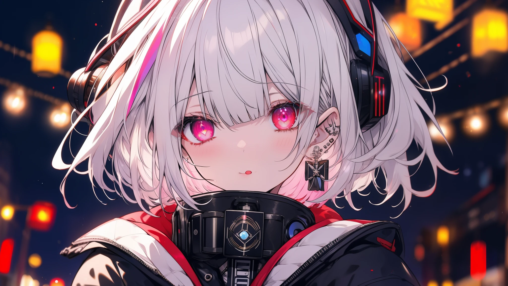 masterpiece.Highest quality.4K.、Headphones、サイバーpunkシティ、黒い口mask、Silver Hair、Red Hair、Goth_punk, One Girl, solo, Medium Shot, Walking around Harajuku, ((at night)), Bokeh Depth of Field, Neon Light, Rainbow Eyes, Starry Sky, 白くShiny Hair, White eyebrows, Shiny Hair, (Iridescent white hair), Earrings, Bans, gem, mask, Blunt bangs, Veld's Eye, 口mask, Blurred背景, Blurred, hair ornaments, Look at the viewers, short hair, Portraiture, Side Lock、Close-up face