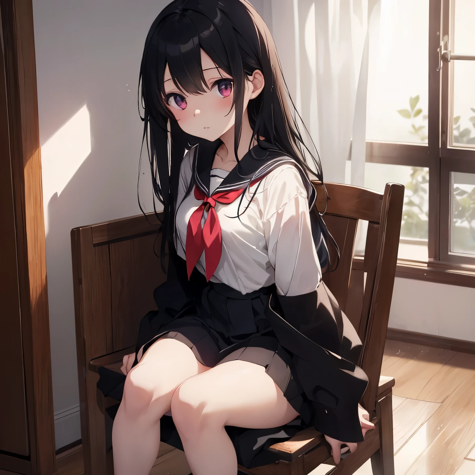 In the dimly lit room, Yuno Gasai's captivating eyes, shining with an intensity that defied the darkness, gazed intently at the scene unfolding before her. Her porcelain skin was as smooth as silk, and her long, black hair cascaded down in thick waves around her. She wore a simple white blouse that clung to her slender frame, and her skirt was a provocative shade of red, hinting at the playful side that lurked beneath her serious exterior. An oversized sailor uniform jacket hung carelessly on the back of a nearby chair.
As the soft, gentle sounds of raindrops tapped against the window, Yuno's attention