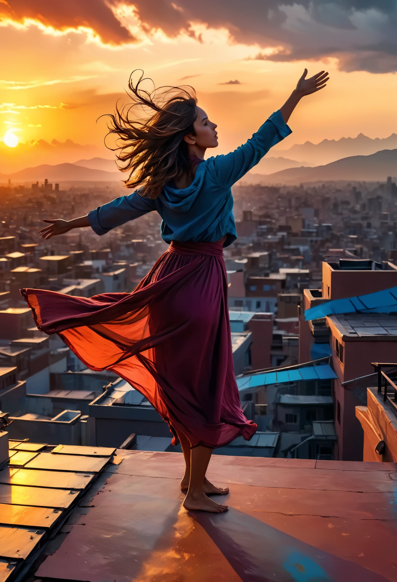 arafed woman on the rooftop, on the top of the world, stands on the edge with arms spread out to the side, gusting wind blows away hair and clothing (best quality,4k,8k,highres,masterpiece:1.2), ultra-detailed, HDR lighting, realistic, portraits, vibrant colors, vibrant sunset, strong silhouette, mesmerizing view, windy atmosphere