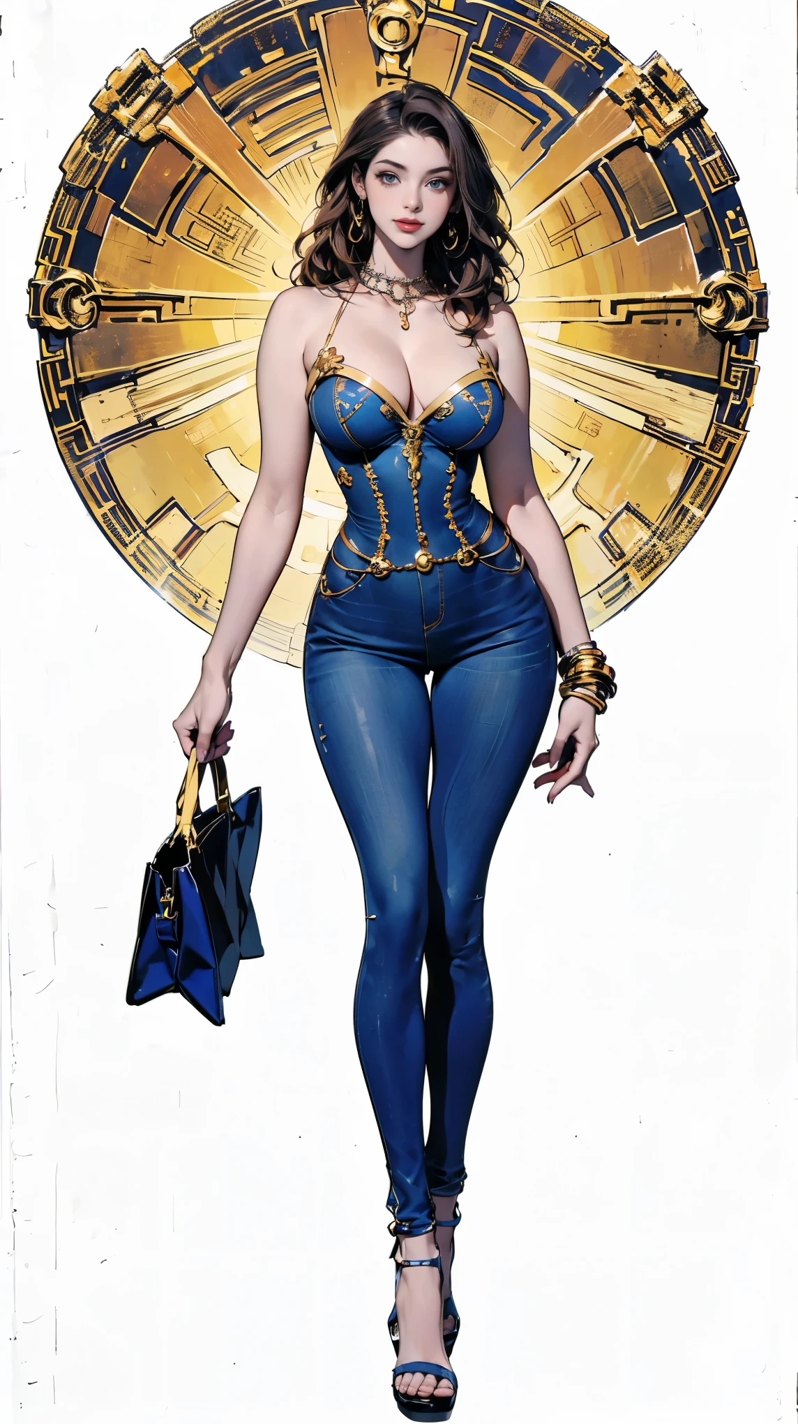 (Ultra-detailed, photorealistic, best quality, 4k,8k, highres, masterpiece:1.3), Featured is Sofia, a radiant figure from Los Angeles, USA, ((who embodies the essence of confidence and allure)), (((She boasts a statuesque figure, standing at 1.70 meters and weighing around 60 kilograms, epitomizing the hourglass beauty))), (Her hair is long, wavy and dyed a vibrant yellow blonde), (Her eyes are a deep brown), ((and a physique with a defined waist, full hips, and perfectly round, squinching F-cup enhanced breasts)), accentuated by her sun-kissed tan skin, (((She is wearing a Versace Crystal-Embellished Bustier Top to accentuate her bust and cleavage, complemented by Versace High-Waisted Skinny Jeans to highlight her curves))), She completes her look with Versace Medusa Chain Heeled Sandals, a Versace Greca Crystal Embellished Choker Necklace, and a Versace Virtus Small Leather Tote Bag, (exceptionally detailed:1.3),, super finely detailed hands, ultra finely detailed fingers(((ten fingers))), (posing elegantly), (full body showcase), (show full body), (no logos in the background), (no logo), ((**Villa in Beverly Hills background)).
