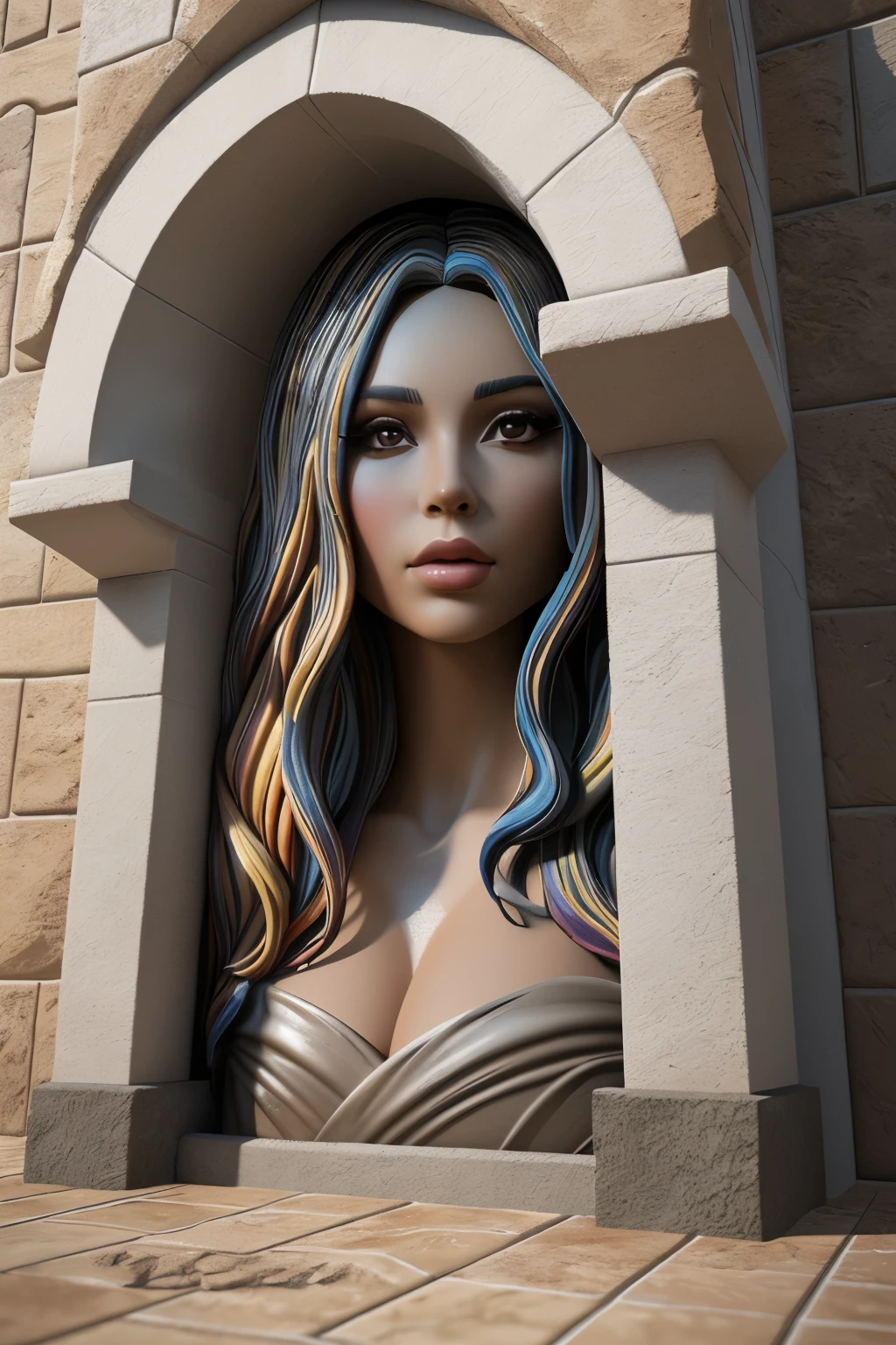 Hyper-realistic 3d Perfect shading and depth Sculpted art on a terracotta tile the tile is placed vertically the sides are curved giving a 3d feeling inside the tile there is a sculpted landscape of the city of imperia italy the sculpted city forms a female face,Her mane is made up of cobblestone alleys and multicolored buildings in bright colors and all her hair.ᎩᗩᏆᔑ(◠‿◠), illustration, 3d render, dark fantasy, photo, wildlife photography((melhor qualidade)), ((obra de arte)), (detalhado), rosto perfeito