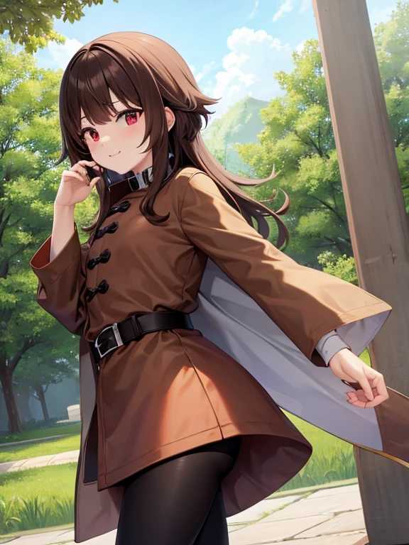 Megumin, de pie, mirando al espectador, (sin sombreros), By the chestnut, cabello corto, ojos rojos, rubor, gargantilla negra, vestido rojo, (brown coat:1.5), mangas largas, guantes negros, guantes sin dedos, belt, brown belt, adornos dorados, zettai ryouiki, dentadura de la piel, (asymmetrical leggings:1.4), calzas que no combinan, (pierna vendada:1.3), muslos negros, sonrisa, Session, tiro de vaquero,