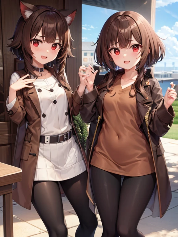 Megumin, de pie, mirando al espectador, (sin sombreros), By the chestnut, cabello corto, ojos rojos, rubor, gargantilla negra, vestido rojo, (brown coat:1.5), mangas largas, guantes negros, guantes sin dedos, belt, brown belt, adornos dorados, zettai ryouiki, dentadura de la piel, (asymmetrical leggings:1.4), calzas que no combinan, (pierna vendada:1.3), muslos negros, sonrisa, Session, tiro de vaquero,
