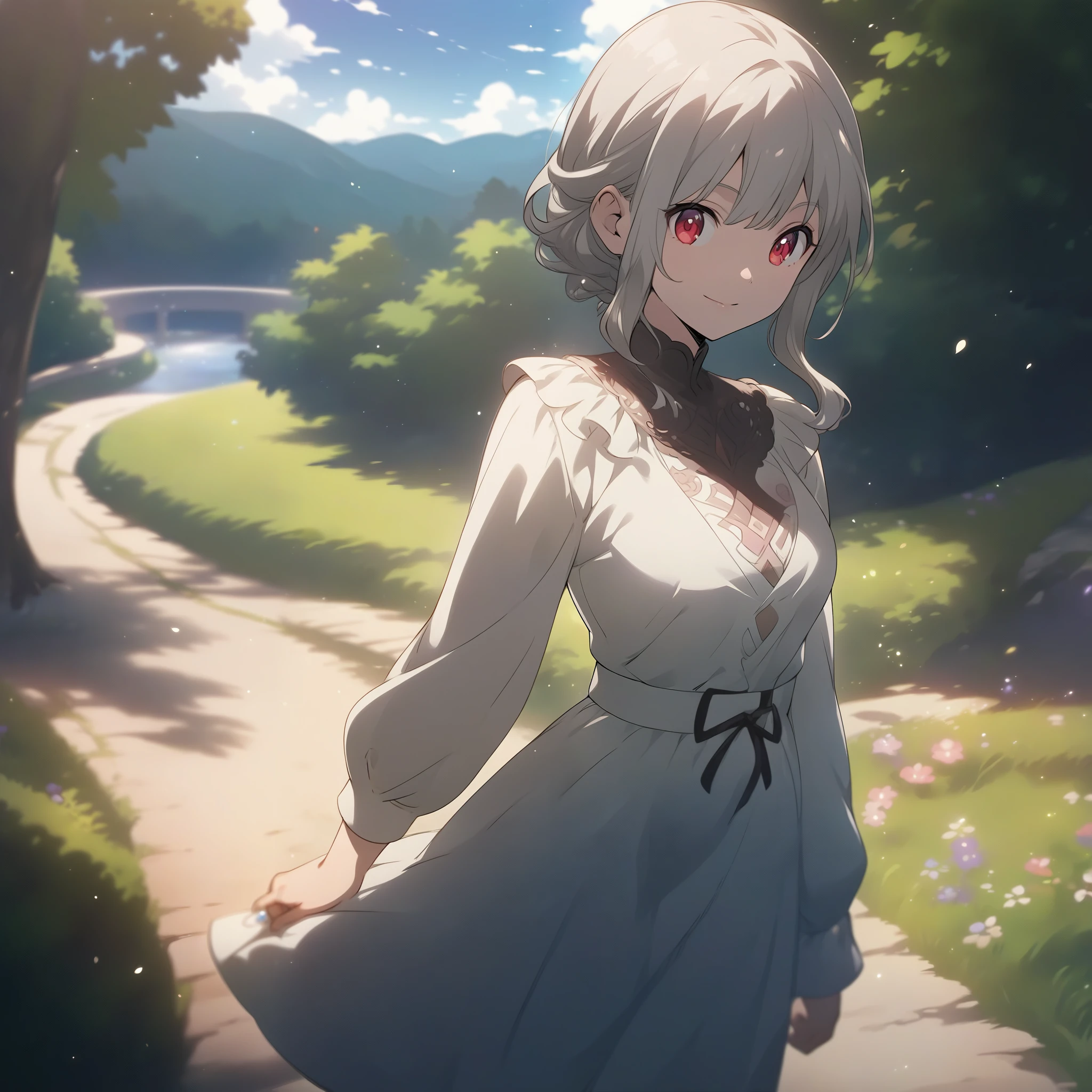 anime girl in a dress walking down a path in a park, makoto shinkai. digital render, makoto shinkai art style, smooth anime cg art, makoto shinkai style, anime visual of a cute girl, makoto shinkai and artgerm, anime visual of a young woman, detailed digital anime art, anime moe artstyle, wih white hair and red eyes, she has a genuine and kind smile with lovely expression, she also has a hourglass figure, she has a huge breast, she has a pale snow white skin