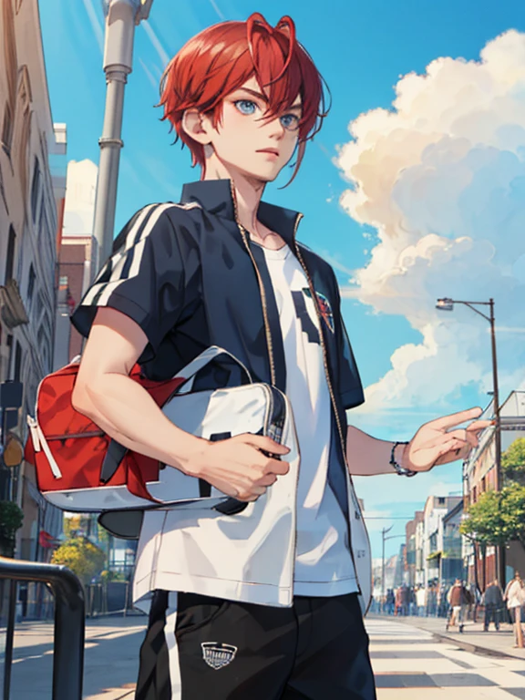 1boy,red hair,blue eyes,white shirt,short sleeve, street jacket, wonderland theme, male focus,looking at view city, blue skies,cloud,sun in the skies,summer,(((masterpiece))),(((best quality)), street wear