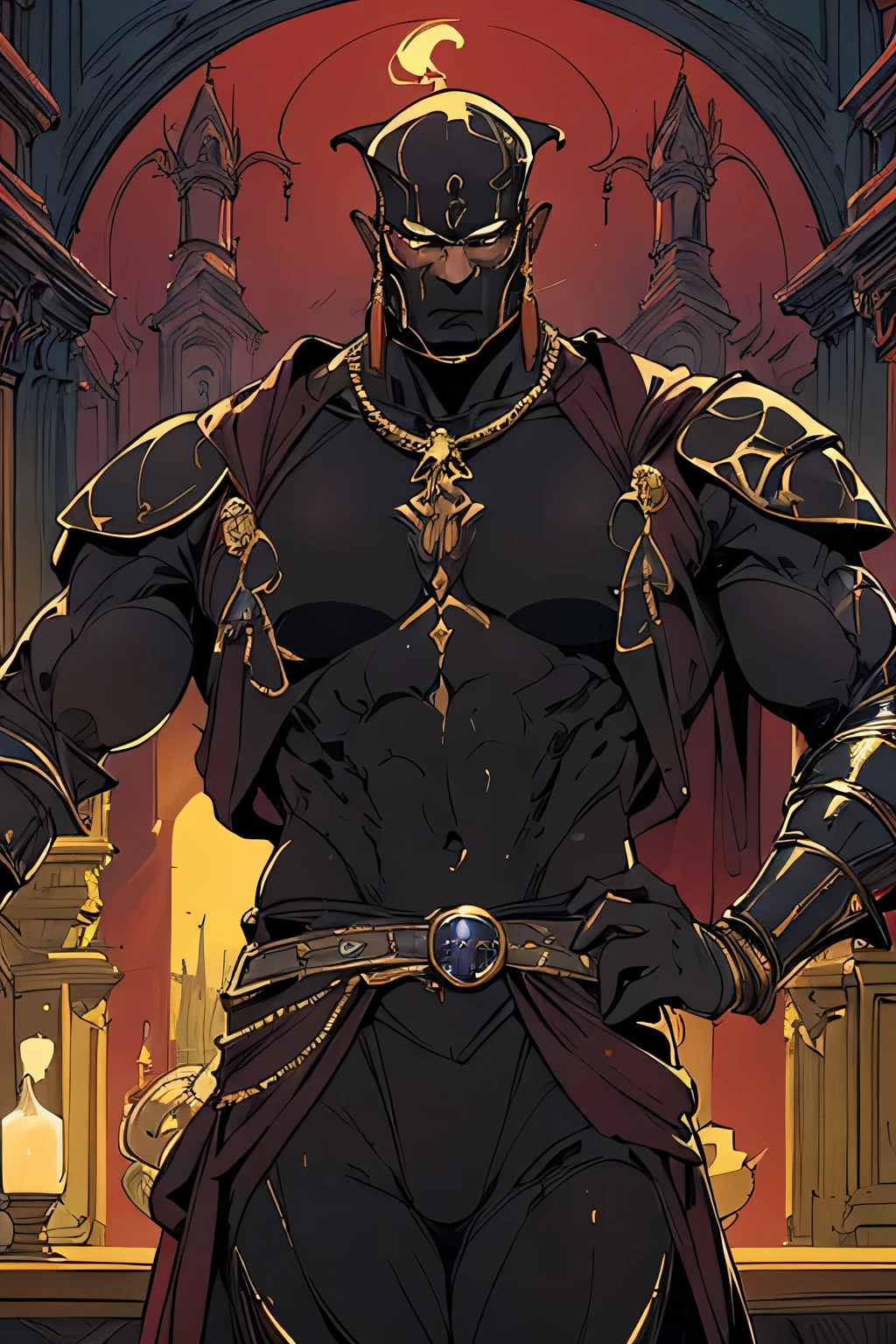 Male Anthro Black panther, with long, luscious Black hair and a Bara, Muscular, buff, veiny body with Blue Feline eyes and his hair IS mostly decorate with gold acessóries that make his curls look like snakes, He is wearing a black coat as a cape on one shoulder, having a set of belts as a corset, beneath the bells is a black suit with a white shirt underneath as a black tie, also put long black pants ane leather boots, also add decorations that make reference to ankhas and the egypt