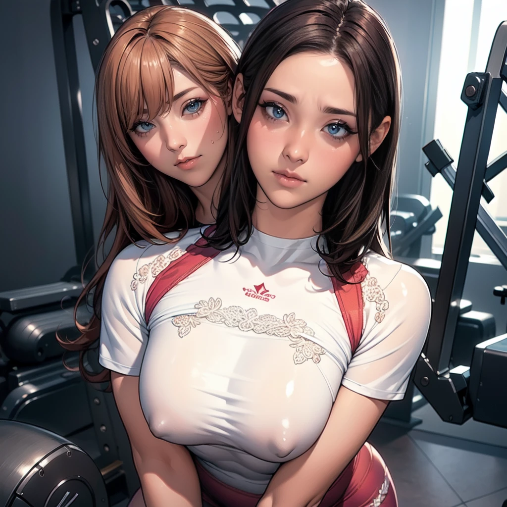 (8ก, 最high quality: 1.2), very detailed, thorough solution, (realistic, realistic photo: 1.37), portrait, High resolution RAW color photograph, arrested on the job, High resolution and beautiful, High resolution, 8ก Image Wallpaper, amazing details, large file size, very detailedbeautifulちびっこ女の子, very detailed face, (Finely detailed and super beautiful eyes:1.8), the nose has the correct shape., expressive lips, background is not blurred, one story, cute , realistic、 (movie scene,fantasy art,最high quality,high quality,High resolution,high quality texture,high detail,beautiful,Detailed,very detailedCG,Detailed texture,realistic representation of face,table top,before,dynamic,bold), (1girl):2 ,very detailed肌,curve,(covered nipples:0.9),beautiful breasts,big breasts,pale skin,pointed chest,erect nipples,(super thin hair),(super soft hair),(ultra straight hair),long flowing bangs,very light coppery amber hair,hair above one eye,(short gym clothes,under the chest:1.5),