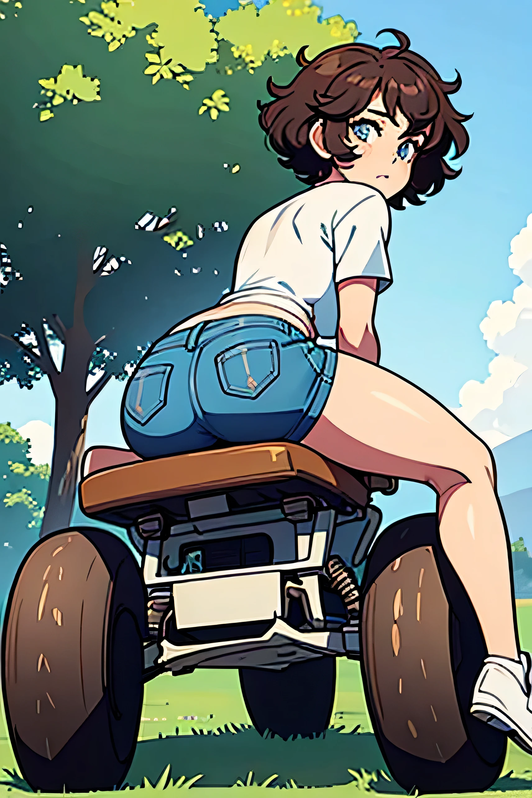 one girl short curly hair white t shirt sit on a quad from behind full body full quad