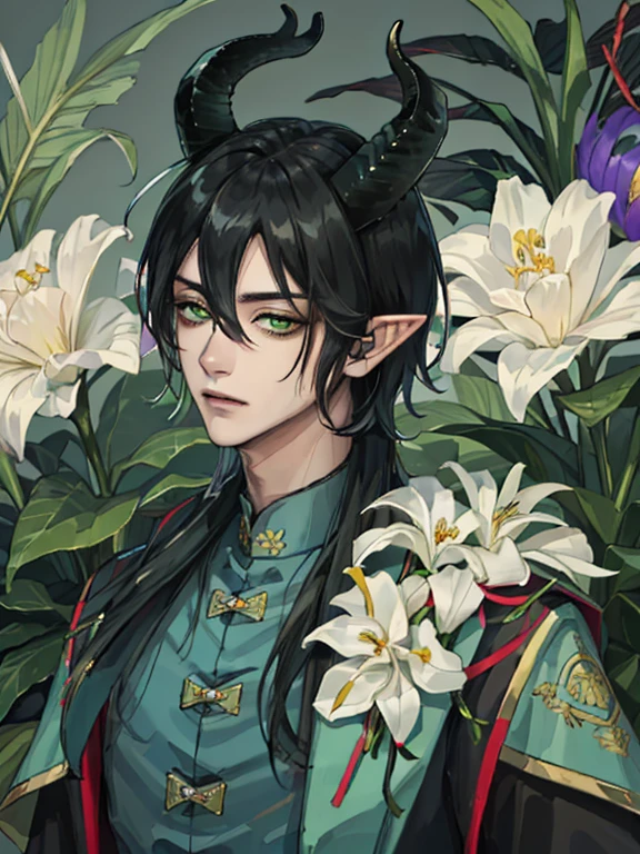 1boy ,malleus draconia \(twisted wonderland\) horns, cool-black hair that’s mostly cut mid-length with long bangs and two longer sections of hair on his sides that fall over his shoulders,green eyes with vertical-slit pupils,elf-like ears,(masterpiece),(((best quality))),chinese clothes, floral print, flower