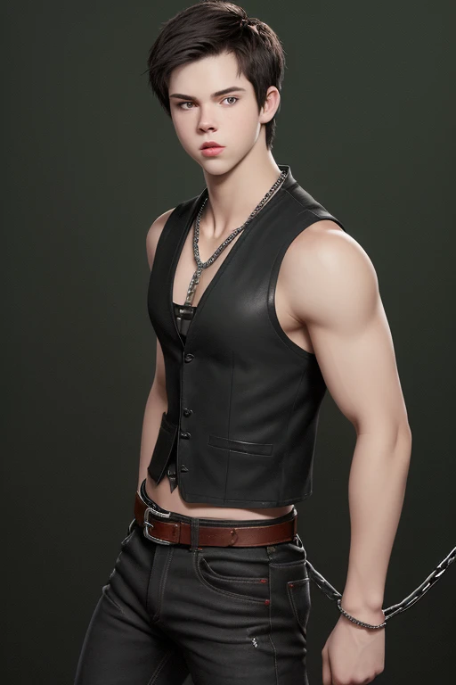 Nathan Kress 20 year old boy dark brown hair black vest green shirt black eyes red shirt lightning bolt pattern muscular build slim athletic black jean pants with chains black leather belt silver buckle background of New Orleans at night