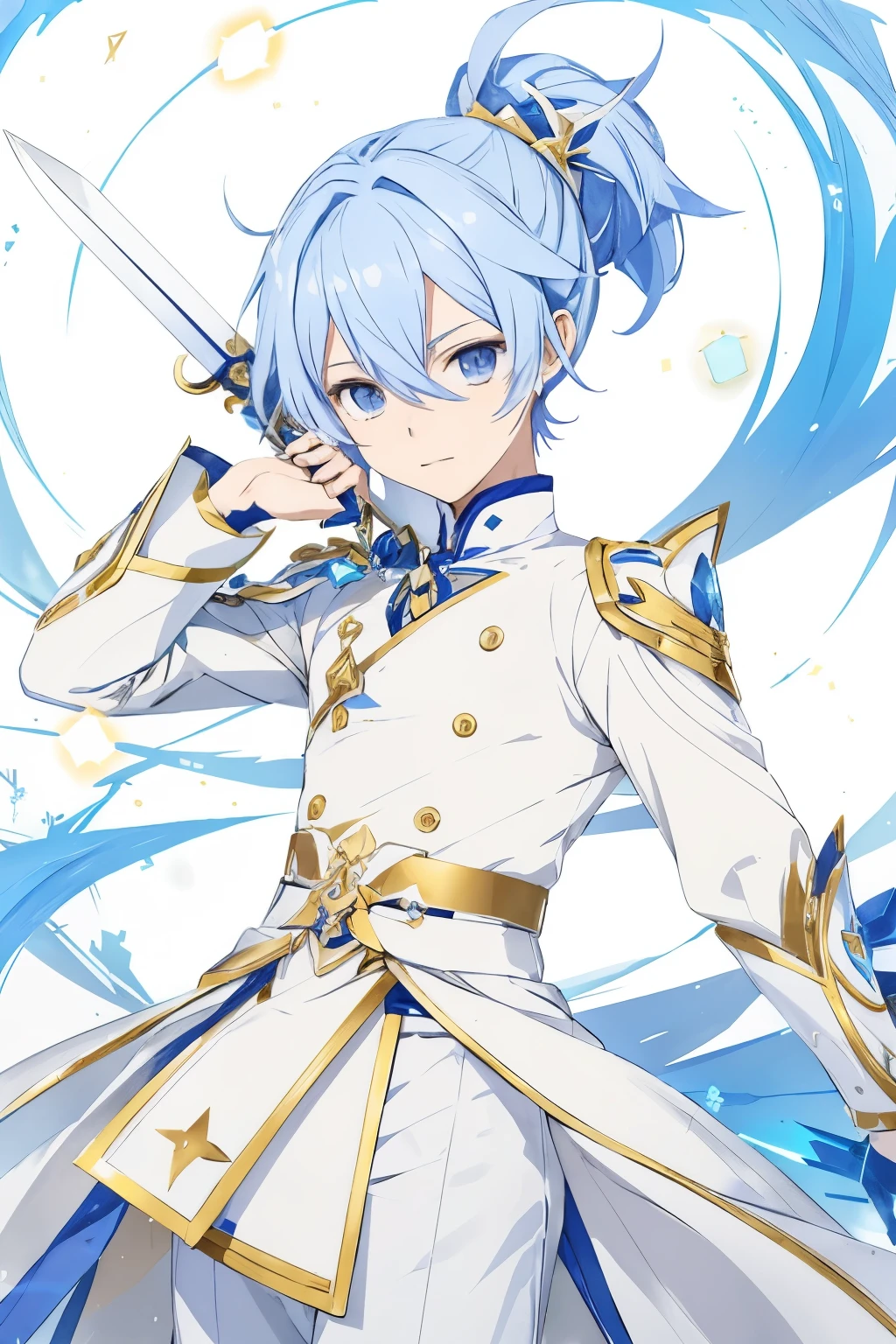male anime character white clothes with gold and blue details inspired by Aether from "Genshin Impact" with blue ponytail hair, holding a white and gold spear with two pairs of blue crystals floating near the base of the blade long stem