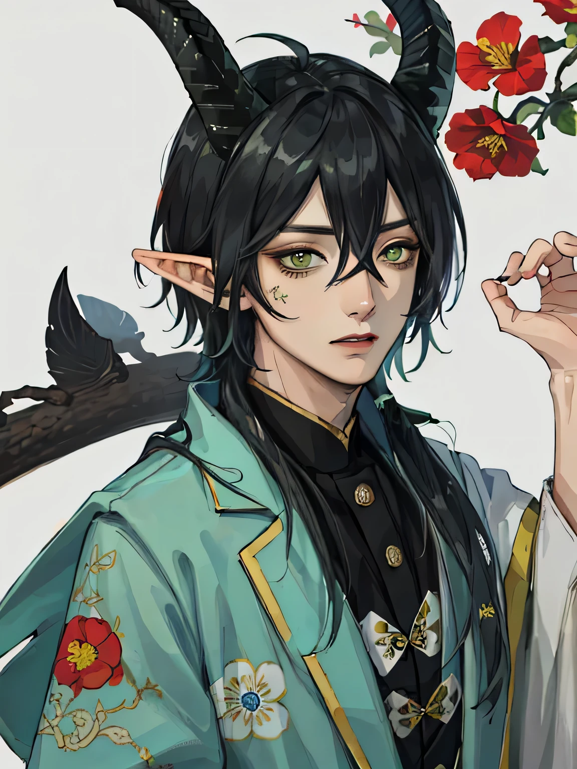 1boy ,malleus draconia \(twisted wonderland\) horns, cool-black hair that’s mostly cut mid-length with long bangs and two longer sections of hair on his sides that fall over his shoulders,green eyes with vertical-slit pupils,elf-like ears,(masterpiece),(((best quality))),chinese clothes, floral print, flower