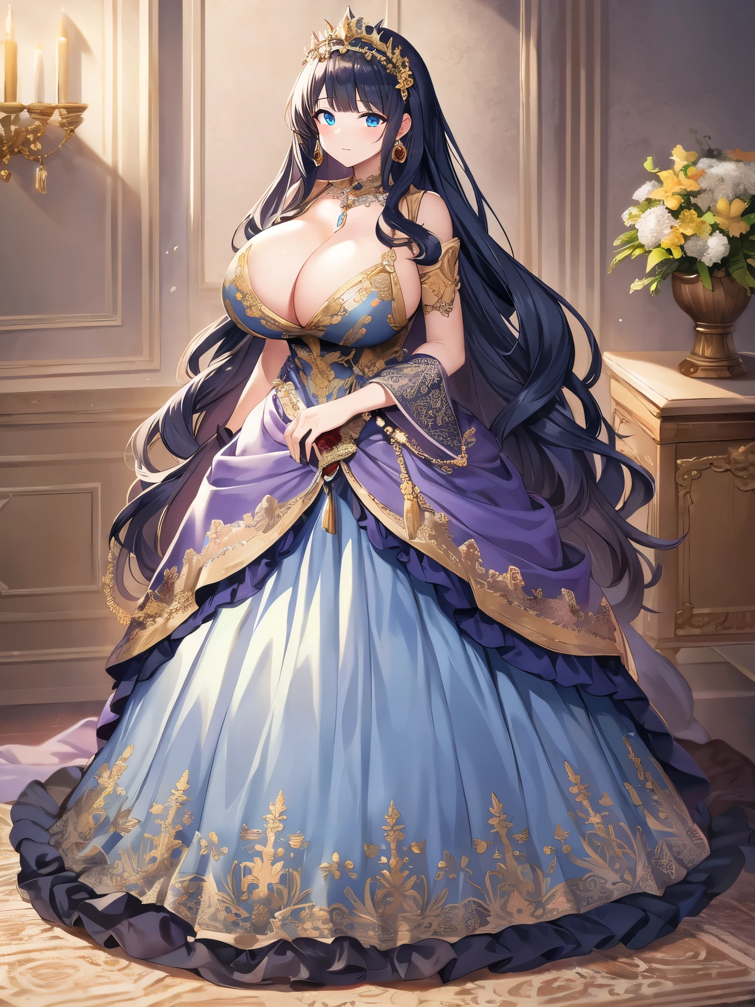 ((anime artstyle)),(Masterpiece),(Best Quality), (Super Detail),(((Very Delicate and Beautiful))),Solo,full body,((full body portrait)),((1 bling-bling princess in beautiful embroidery and jeweled gorgeous rococo ballgown)),((((absurdly gigantic tits)))),(((cleavage,curvy))),Skindentation,detailed face and eyes,jewel-like eyes,((castle)),((crinoline,long train)),gorgeous princess rococo ballgown with voluminous full length hoop skirt and long train,(((bling-bling gorgeous rococo ballgown with beautiful embroidery and jeweled))),((large amount of straight hair, absurdly long hair,Very Long Straight Hair)),extremely gorgeousfull hair ornament,(bling-bling extremely gorgeous jeweled tiara),luxurious jewelry,full body,((beautiful embroidery and jeweled gorgeous rococo ballgown))