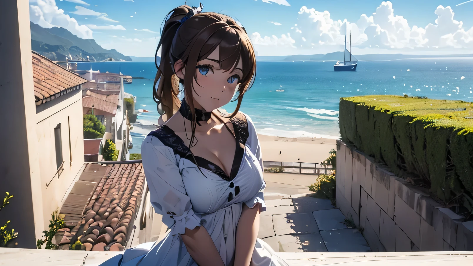 (8k, RAW foto, mejor calidad, (Obra maestra, super high quality, super detailed), anime style paisaje, chica joven, Absoluto, velas escarlatas, girl looking at the sea from the coast, camera looking at the sea, detalles intrincados, sailing ship with velas escarlatas, Una escena de una novela de Alexander Greene. "velas escarlatas" imagen de medio cuerpo, A beautiful women posing for a photograph in an alley, brown ponytail, golpes, risa feliz, blue eyes, Cuerpo magro musculoso, perfect anatomy, Looking to the camera, Time of the day, cielo azul, estilo animado, al aire libre, tendencia en artstation, Oh!, sakimichan muy sensual, con ropa original cuerpo entero, muy realista, extremadamente realista, extremadamente sexy, 8k, 8k extremadamente detallado), (un extremadamente delicado y hermoso), (obra maestra), (mejor calidad: 1.0), (ultra high resolution:1.0)