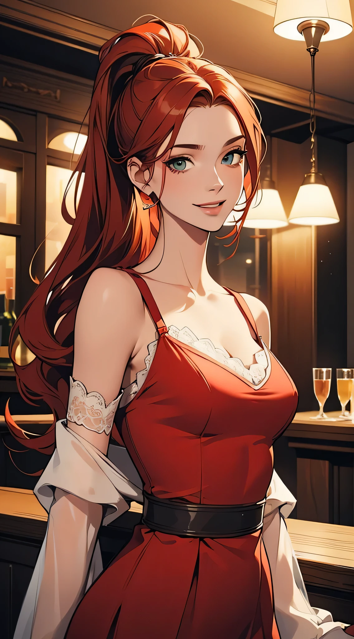 best quality, expressive eyes, perfect face,  a young model in a pub. She is wearing a revealing red dress with lace fabric. average height, long red hair, white and delicate skin, green eyes with brown spots, oval face, unforgettable smile, sweet and bright smile, raised corners of the mouth. perfection, cinematic, intricate, insanely detailed, niji style, vray tracing, global lighting, HDR, 32k, ponytail, elegant makeup, 