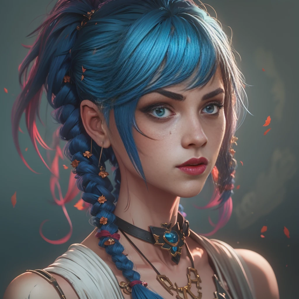 Jinx, estilo arcano, 1girl, asymmetrical bangs, franja azul, cabelo azul, pigtail, camisa marrom, tatuagem de nuvem, cabelo azul, jinx de cabelo longo, diafragma, olhos de cor rosa, red-lips,, twin braids, Jinx, Jinx de Arcane\(league of legends\)