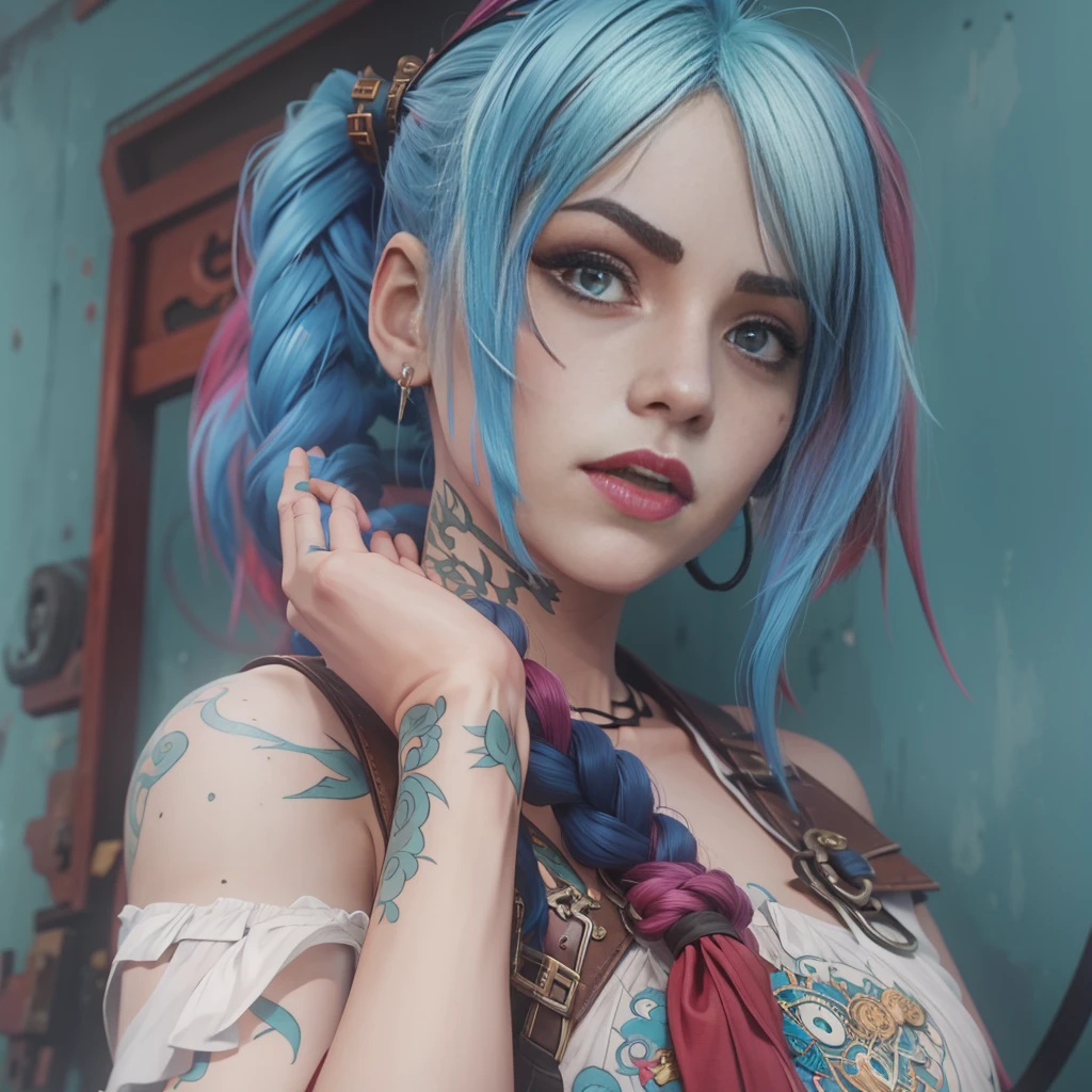 Jinx, estilo arcano, 1girl, asymmetrical bangs, franja azul, cabelo azul, pigtail, camisa marrom, tatuagem de nuvem, cabelo azul, jinx de cabelo longo, diafragma, olhos de cor rosa, red-lips,, twin braids, Jinx, Jinx de Arcane\(league of legends\)