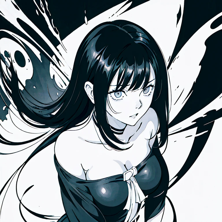 anime girl with long black hair and black dress standing in sand, black and white manga style, hinata hyuga, ink manga drawing, nico robin, black and white manga panel, black and white manga, sui ishida with black hair, extremely fine ink lineart, & her expression is solemn, black and white manga page, by Kentaro Miura