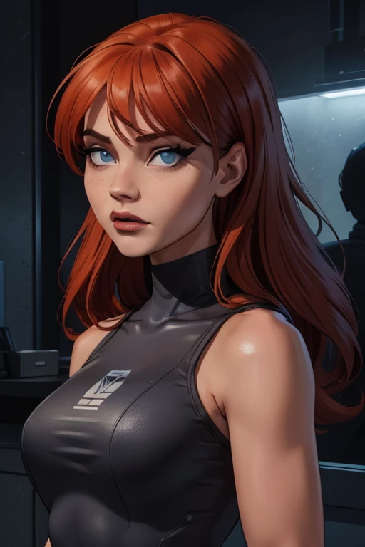 (Hyper-realistic) , (illustratio), (Increase the resolution),(8K), (Most Best Illustration),(extremely detaile), (Beautiful and delicate eyes),(The face is super detailed), (Detailed face), solo,1个Giant Breast Girl, looking at viewert, in the darkness nigth, deep shading, cabelos preto e longos，（（（Armed police uniforms：1.8）））red hair, crystal blue eyes 